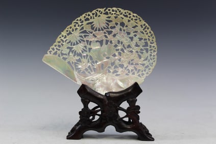 Chinese Carved Sea Shell on Wood Stand.