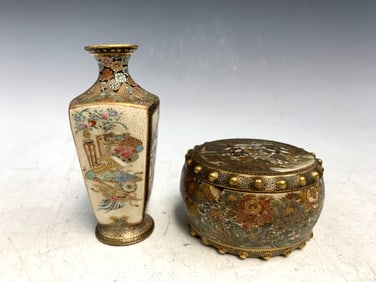 Japanese Satsuma porcelain vase and box.