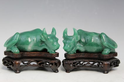 Pair of Chinese Carved Stone Buffalos on Wood Stands