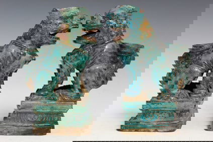 Pair of Chinese Green Glazed Pottery Foo Dog Incense Holder Statues