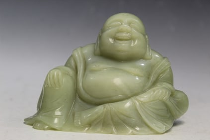Chinese Carved Celadon Jade Laughing Buddha Statue