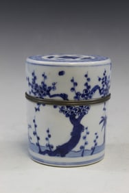 Chinese Blue and White Porcelain and Pewter Tea Caddy Box.