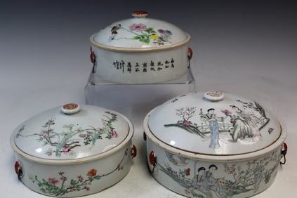 Three Chinese Famille Rose Porcelain Covered Bowls
