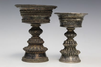 Two Tibetan Silver Oil Lamps