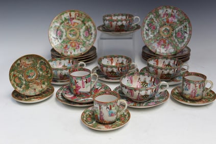 Group of Chinese Rose Medallion Porcelain Teacups and Dishes.