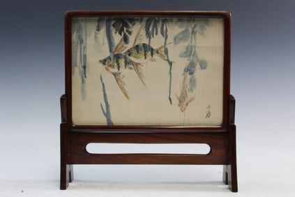 Chinese Watercolor Painting of Gold Fishes on Silk Table Screen by Wang Yachen (1894-1983).