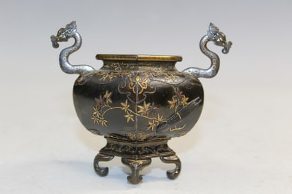 Japanese Bronze Incense Burner with Gold Inlay