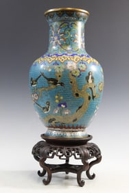Chinese Cloisonne Vase on Wood Stand.