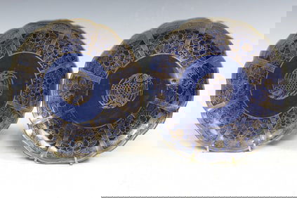 Pair of Japanese Gilt on Blue Glazed Porcelain Dishes