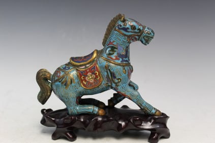 Chinese Cloisonne Horse Statue on Wood Stand