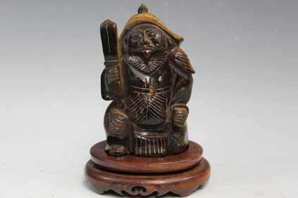 Chinese Carved Tiger“s Eye Stone Figure of a Warrior on Wood Stand
