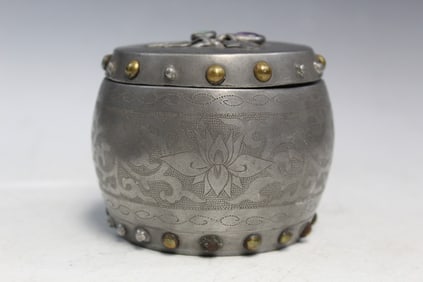 Chinese Drum-shaped Pewter Box