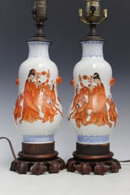 Pair of Chinese Coral-red Decorated Porcelain Vases