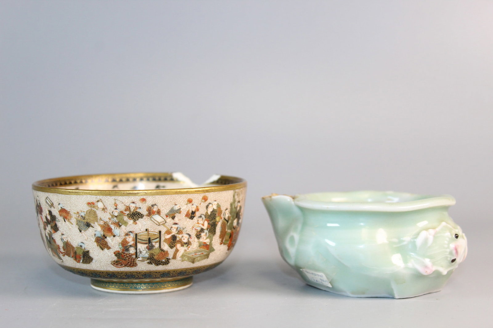 Japanese Seikozan Workshop Satsuma Bowl and a Celadon Glaze Water Coupe: Japanese Seikozan Workshop Satsuma Bowl and a Celadon Glaze Water Coupe. Diam 4". H 2'. As Is.