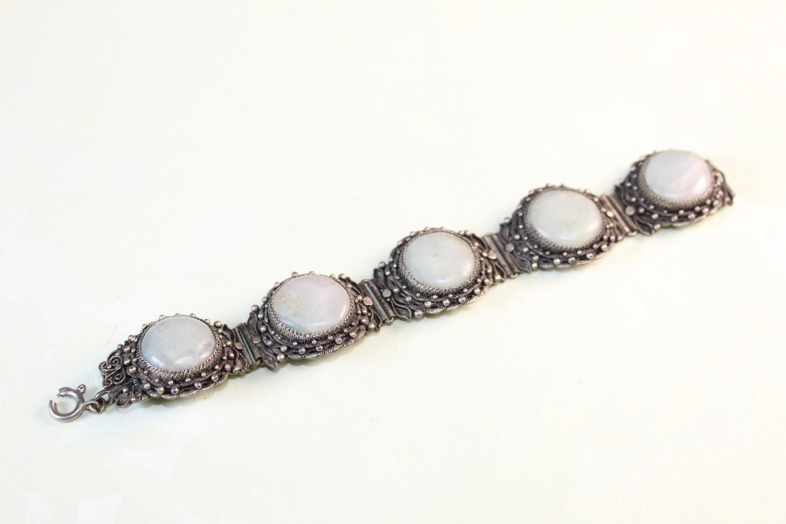 Chinese Bracelet with Jade Inlay: Chinese Bracelet with Jade Inlay. L 5".