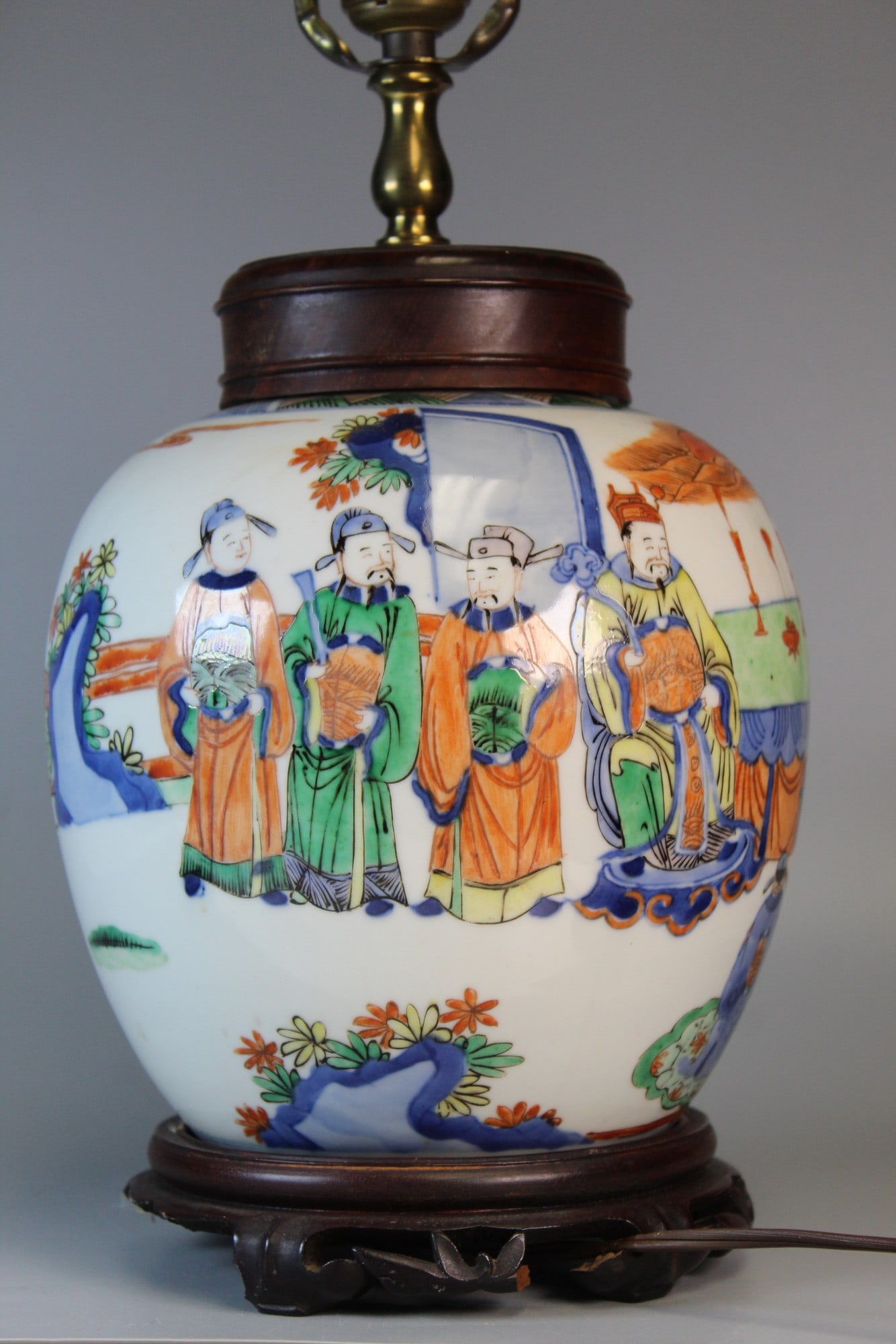 Chinese Wucai Porcelain Jar Lamp: Chinese Wucai Porcelain Jar Lamp. H of jar 9". Total H 15.5". Diam 8".