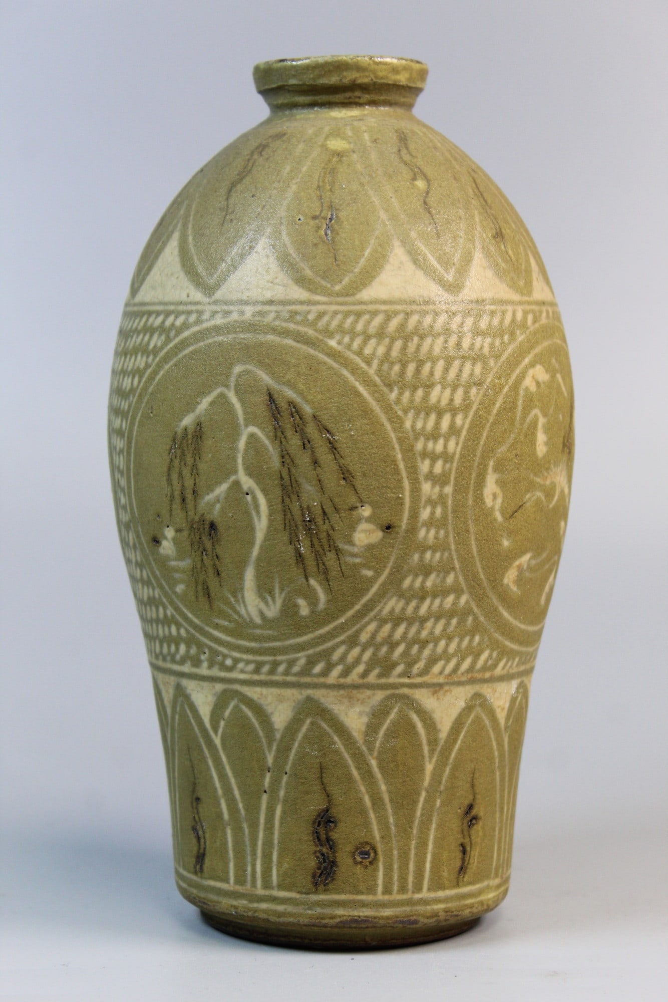 Korean Celadon Stoneware Bottle: Korean Celadon Stoneware Bottle. H 8".