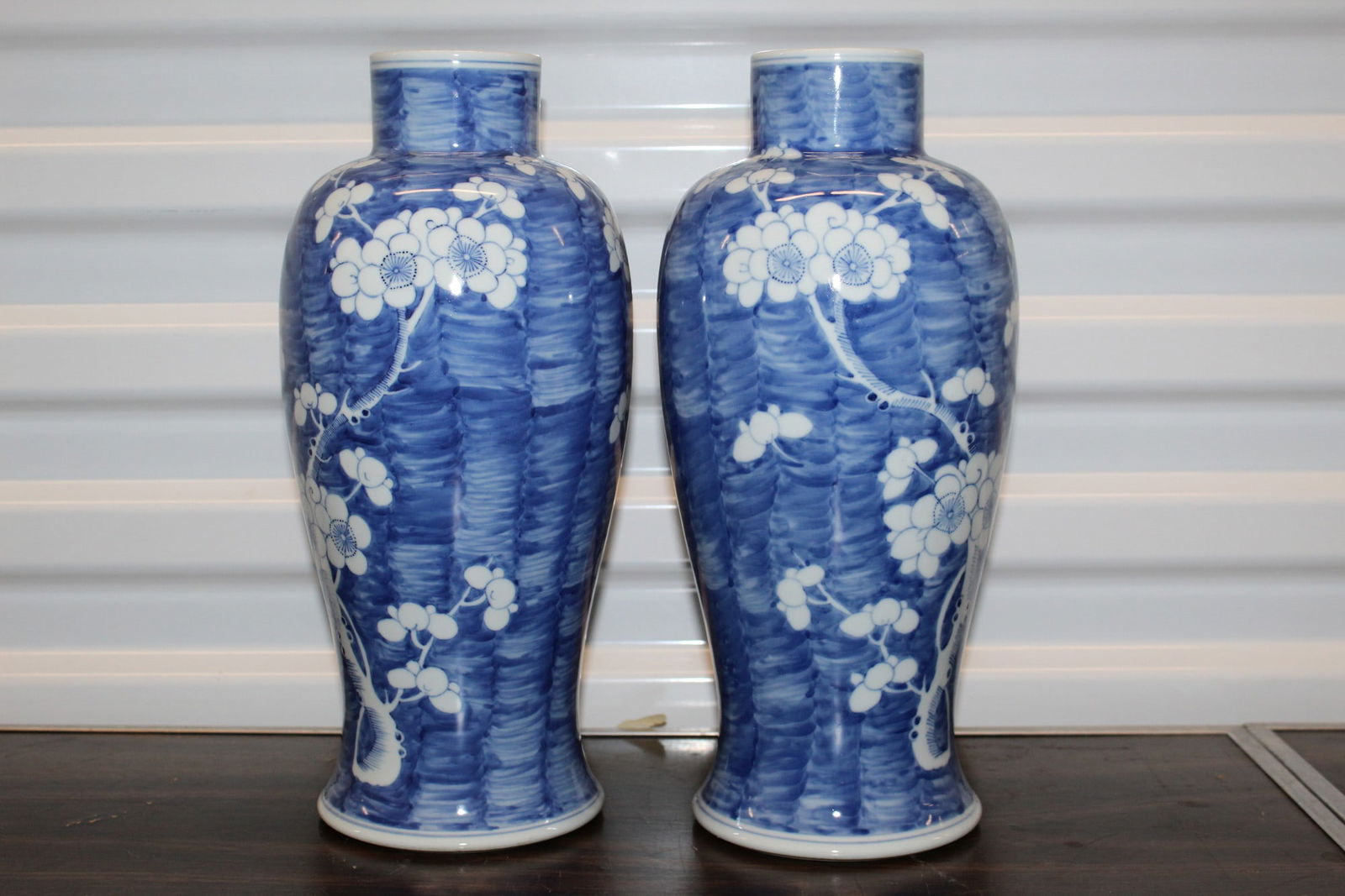 Pair Chinese Blue and White Porcelain Vases: Pair Chinese Blue and White Porcelain Vases. H 12".