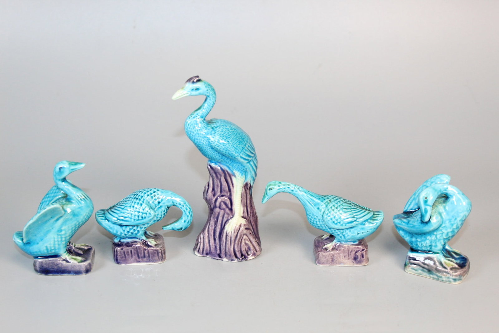 Five Chinese Turquoise Glaze Porcelain Duck Figurines: Five Chinese Turquoise Glaze Porcelain Duck Figurines. Tallest H 5".