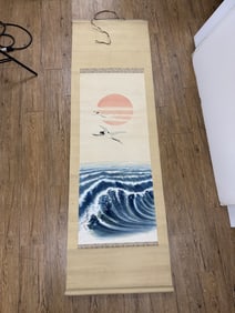 Asian watercolor scroll of cranes over water