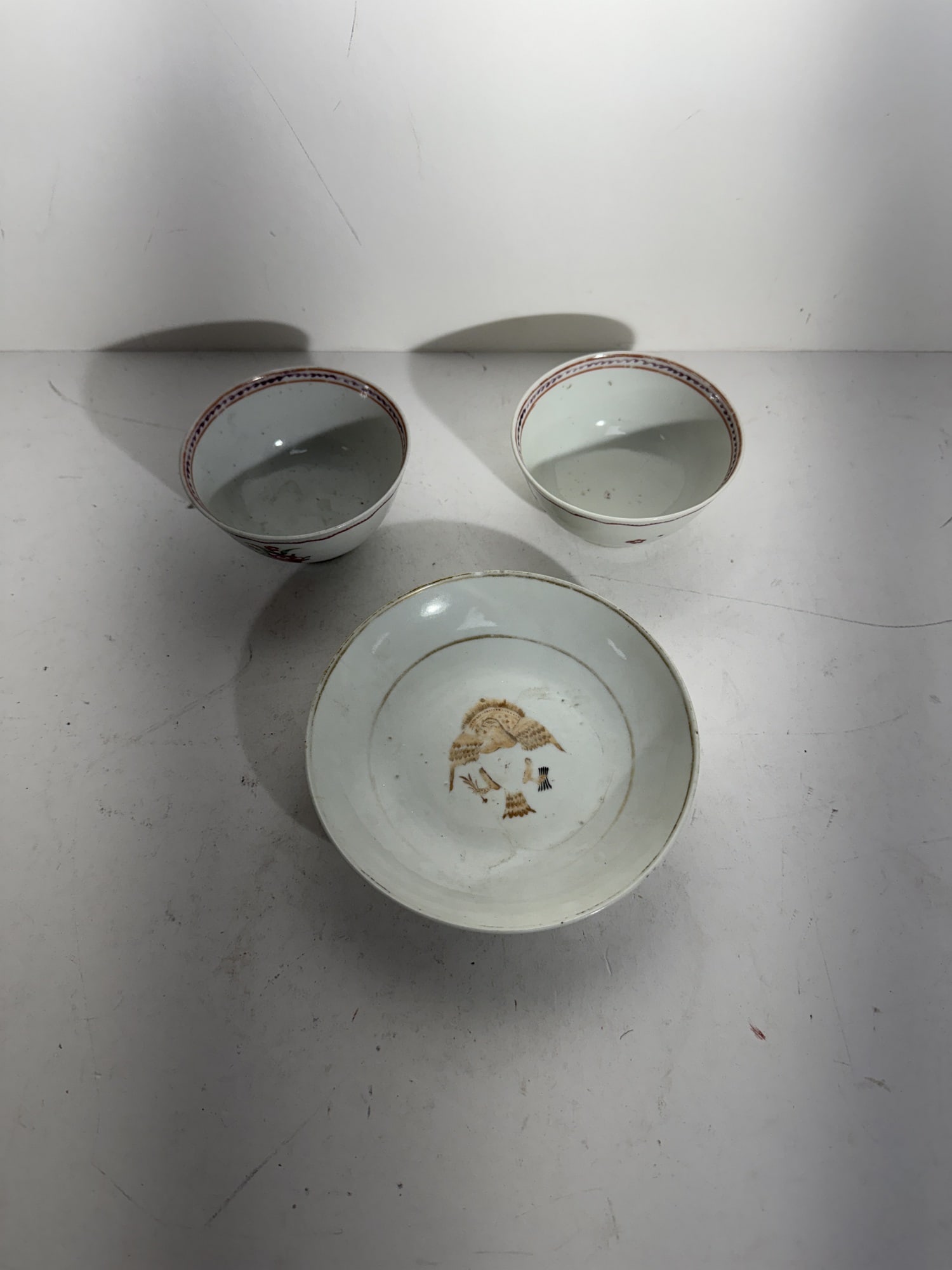 Two Chinese export porcelain cups and plate: Two Chinese export porcelain cups and plate. Plate diam 5.5" cup diam 3.5"