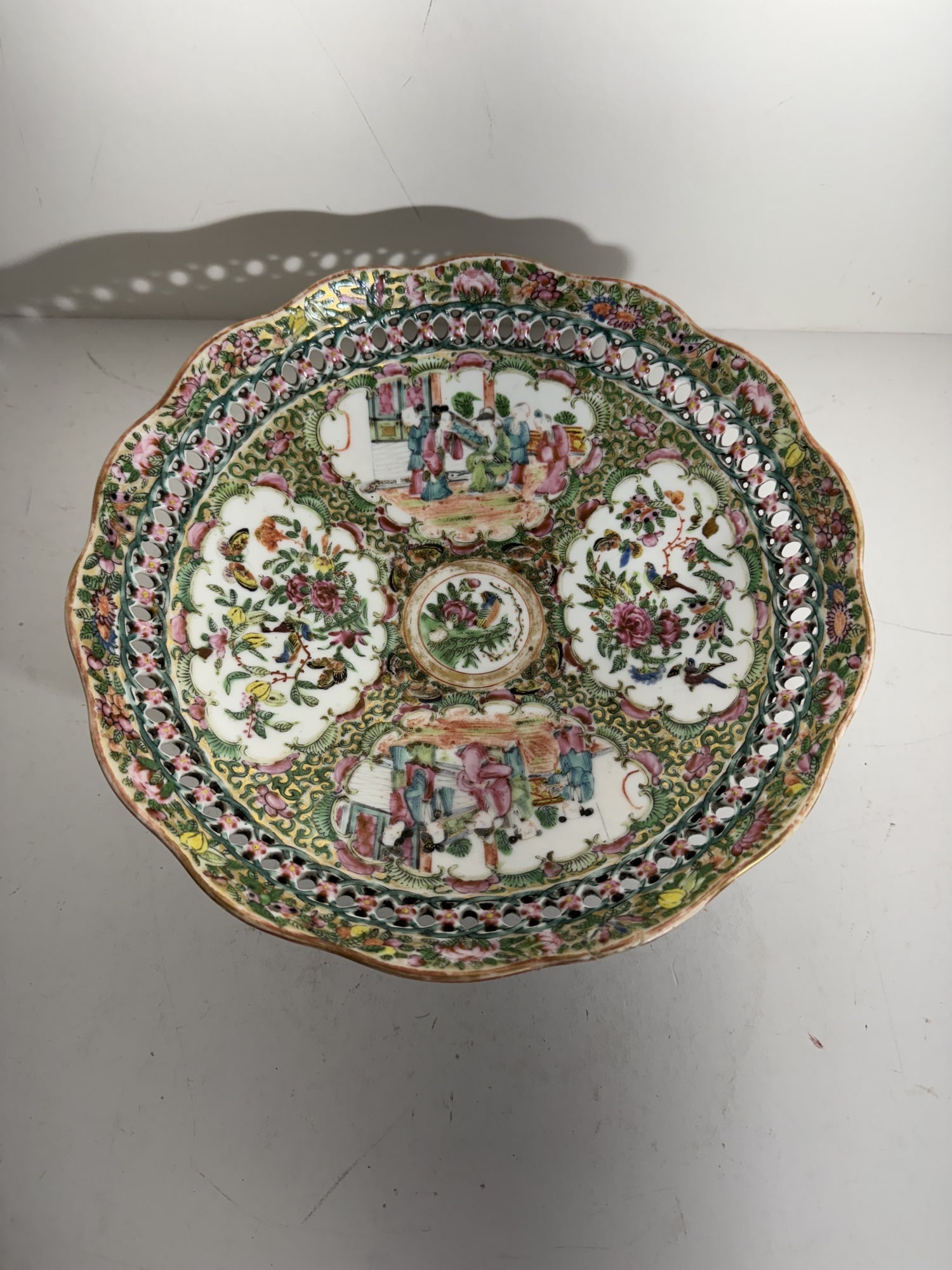 Chinese Famille Rose stem bowl: Chinese Famille Rose stem bowl. Diam 10", As is, has chip on rim