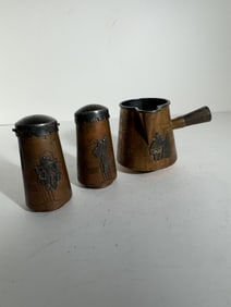 Taxco Mexico copper and sterling silver coffee pot and salt/pepper shakers