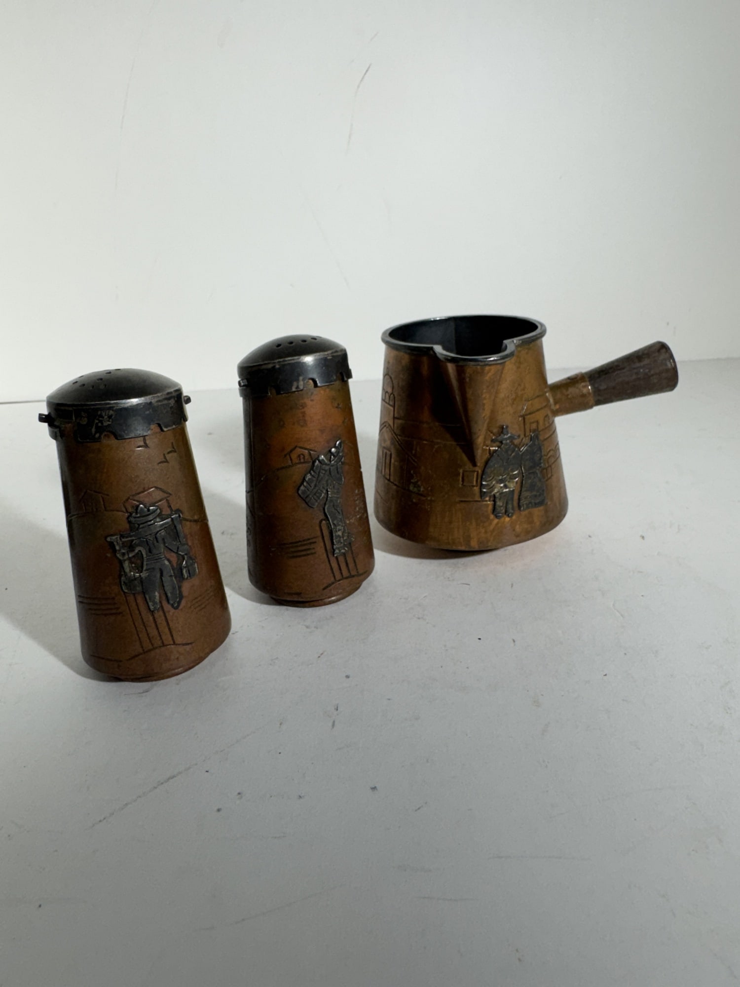 Taxco Mexico copper and sterling silver coffee pot and salt/pepper shakers (1 of 3)
