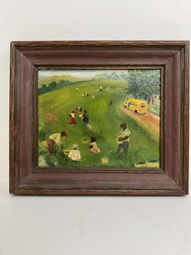 Possibly Norman Lewis signed oil painting on canvas, picking crops in field