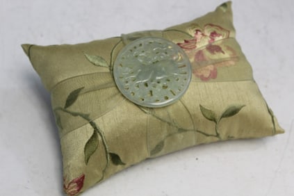 Embroidery Incense Pillow with a Carved Chinese Stone Medallion