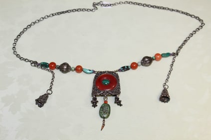 Chinese Silver Necklace with Red Agate Pendant