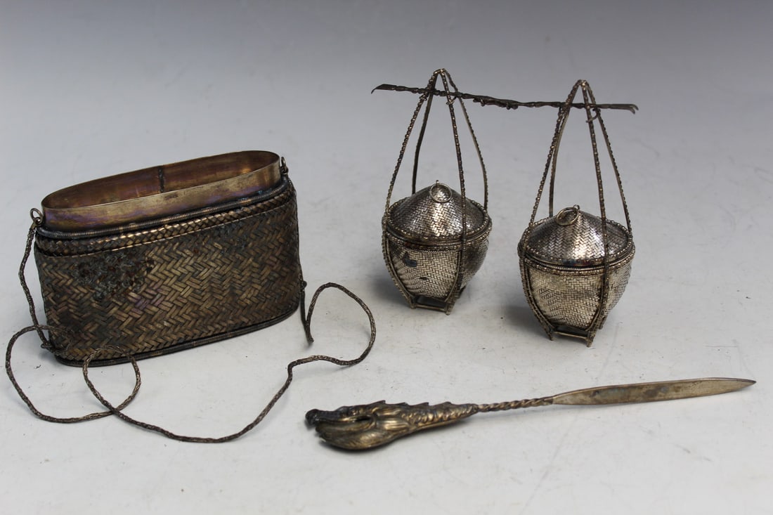 Asian Silver Plated Items: Asian Silver Plated Items. Bag L 5.25". Letter opener L 8".