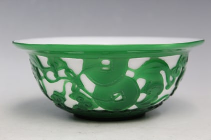 Chinese Peking Glass Bowl with Bats and Coins Decoration