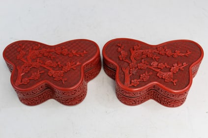 Pair of Chinese Cinnabar Butterfly Boxes
