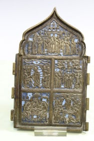 Russian Bronze Icon with Blue Enamel