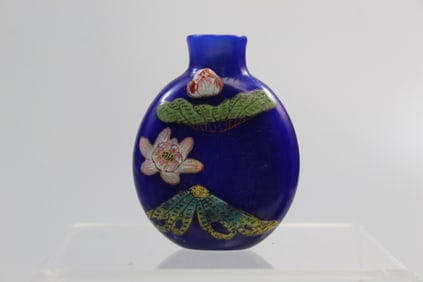 Chinese Famille Rose on Blue Glass Snuff Bottle