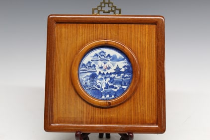 Chinese Blue and White Framed Circular Porcelain Plaque
