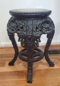 Vintage Chinese Carved Wood Flower Stand with Marble Top.