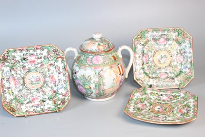 Chinese Rose Medallion Sugar Bowl and Three Dishes