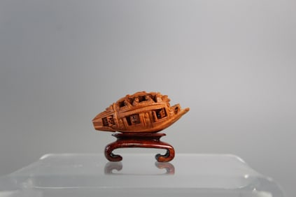Chinese Carved Olive Nut Boat on Wood Stand