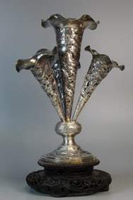 Chinese Export Dragon Silver Epergne on Carved Wood Stand