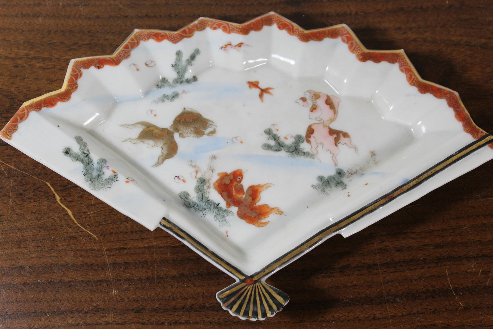 Japanese Porcelain Fan-shaped Dish: Japanese Porcelain Fan-shaped Dish. Size 10.75" x 7".
