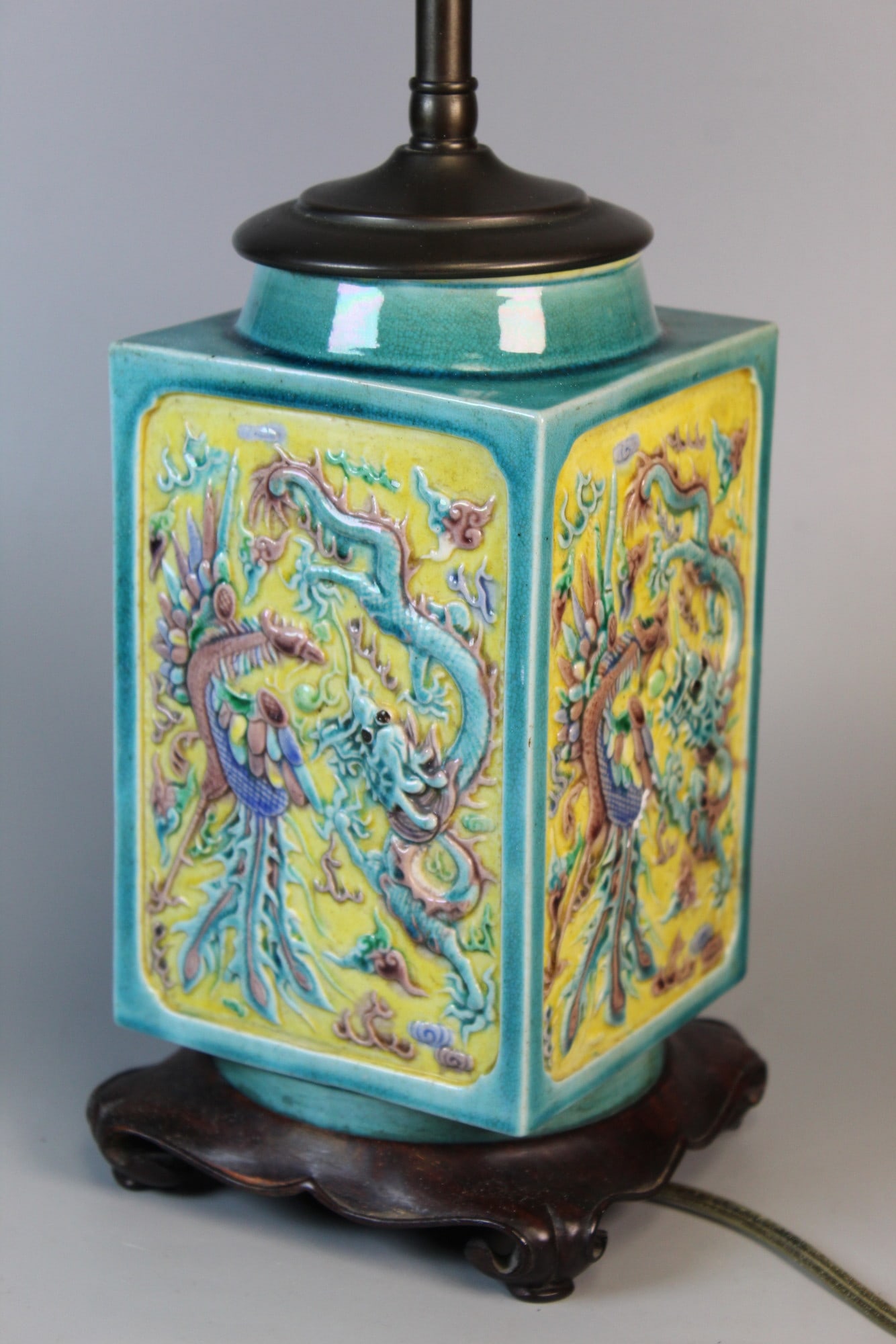 Chinese Turquoise Glazed Yellow Ground Porcelain Square Vase Lamp (1 of 7)