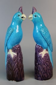 Pair of Chinese Turquoise Glazed Parrot Figures