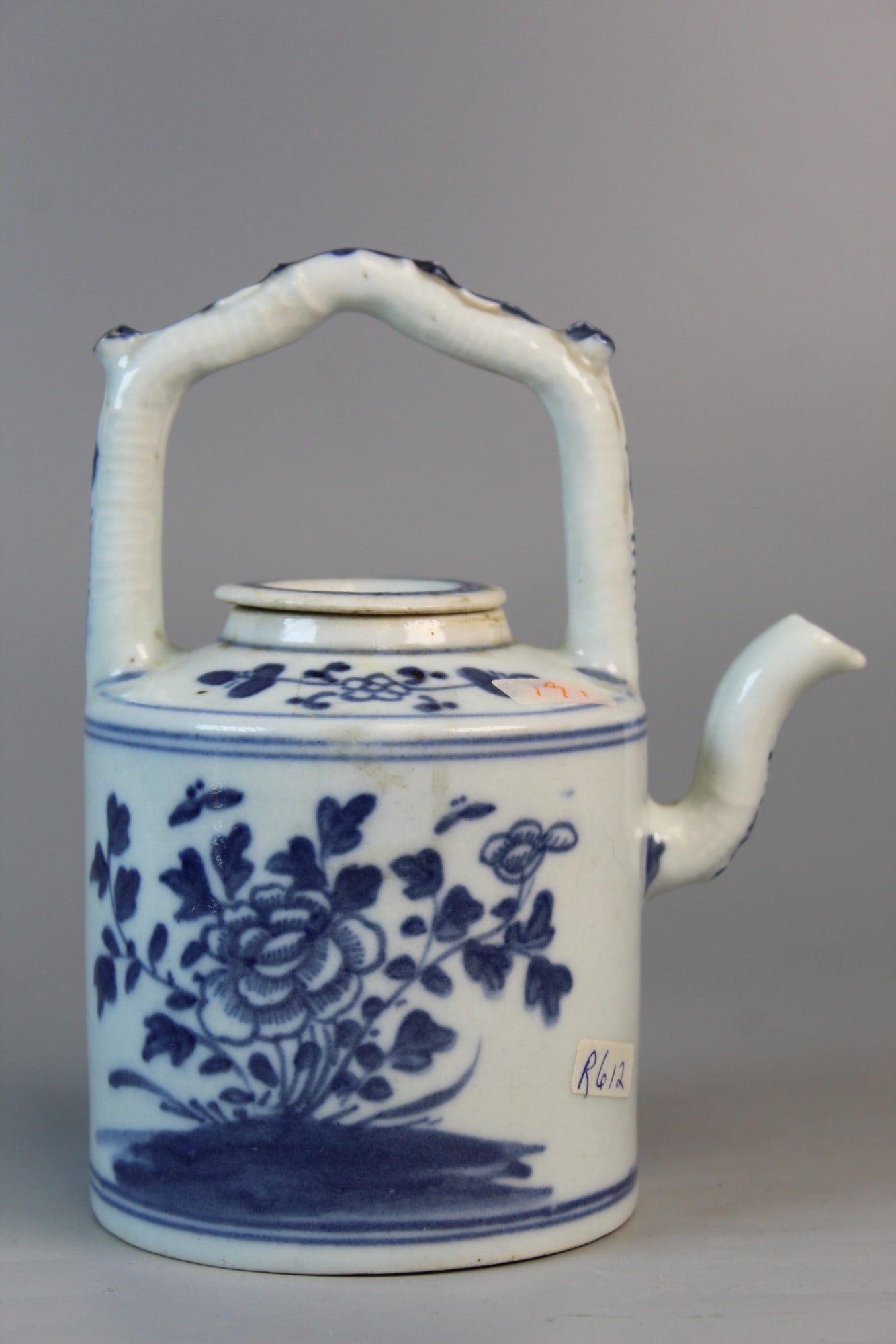 Chinese Blue and White Porcelain Teapot: Chinese Blue and White Porcelain Teapot. H 6'. L 5". Qianlong period.