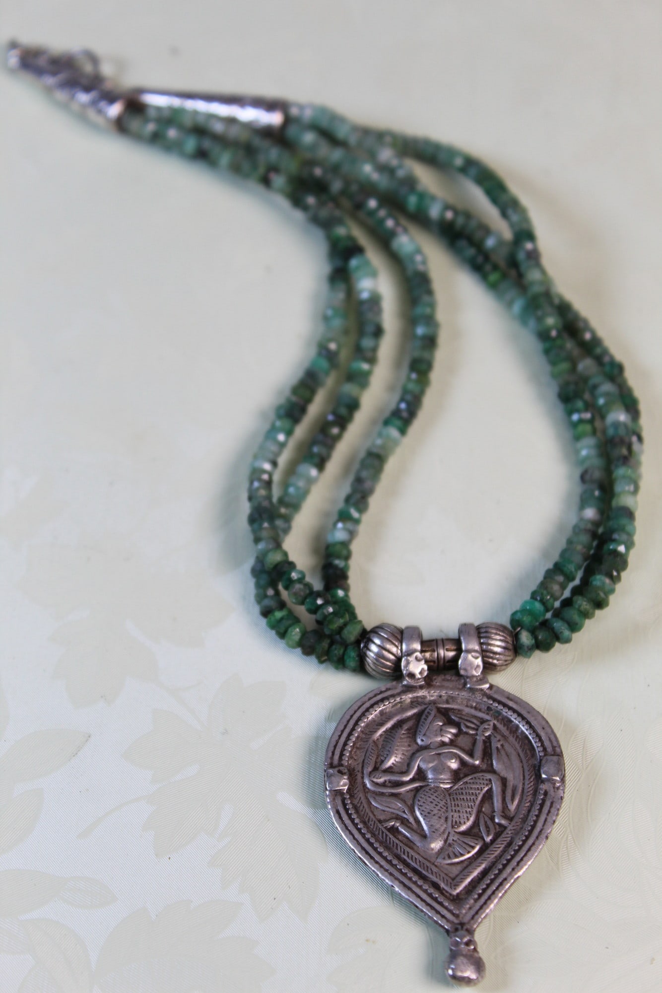 Vintage Silver Hanuman Pendant Green Stone Beads Necklace: Vintage Silver Hanuman Pendant Green Stone Beads Necklace. L 16". Pendant L 2.5".