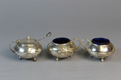 Antique Chinese Silver Salt Vessel and Mustard Bowl