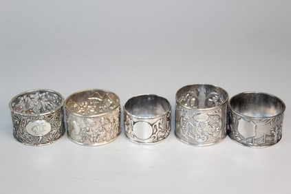 Five Antique Chinese Silver Napkin Rings