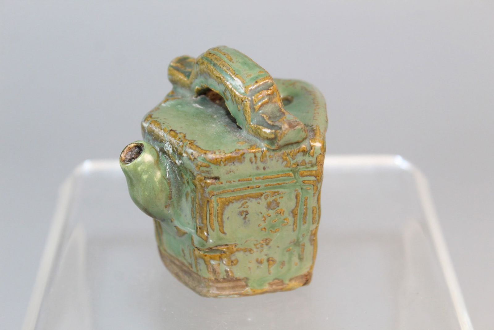 Chinese Green Glazed Pottery Water Dropper: Chinese Green Glazed Pottery Water Dropper. Diam 2". H 2.25".