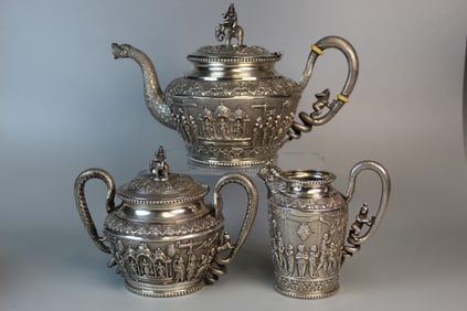 A Very Rare C. Krishniah Chetty Bangalore Indian Silver Tea Set.